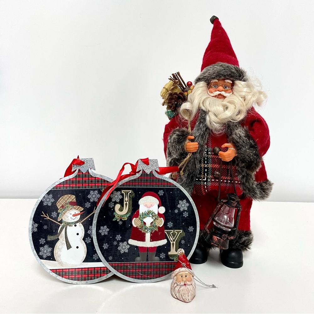 Farmhouse Rustic Plaid Christmas Ornaments Bundle Santa Claus Figurine Snowman